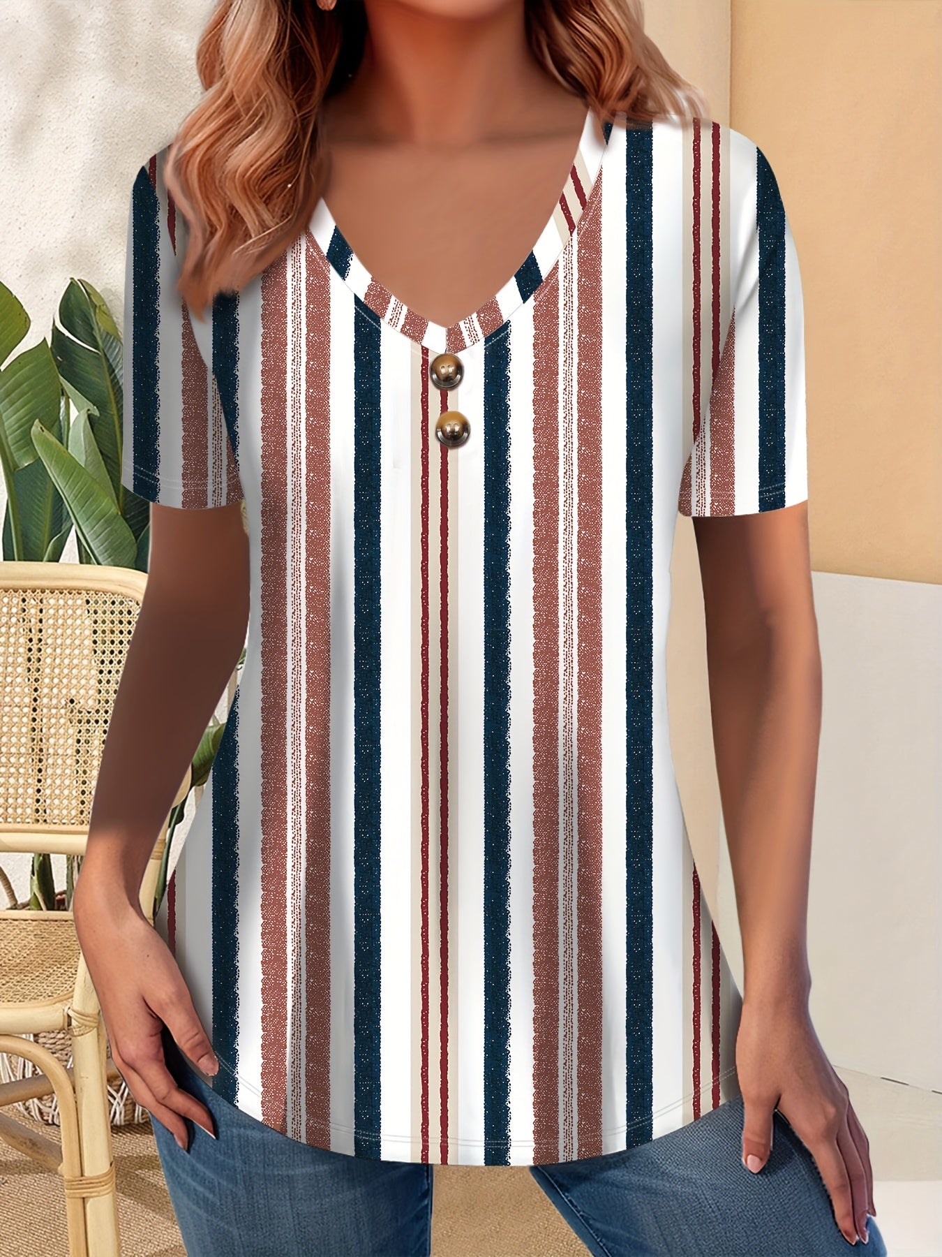 Plus Size Women's Striped V-Neck T-Shirt with Button Short Sleeve