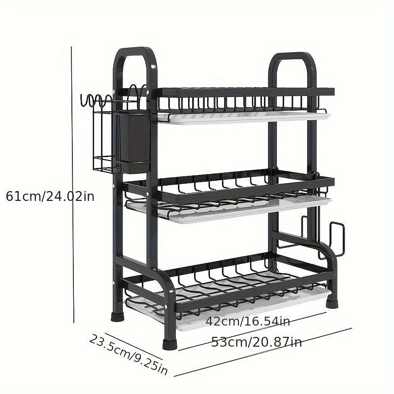 3-Tier Black Dish Drying Rack with Drainboards Utensil and Cutting Board Holders Kitchen Counter Organizer