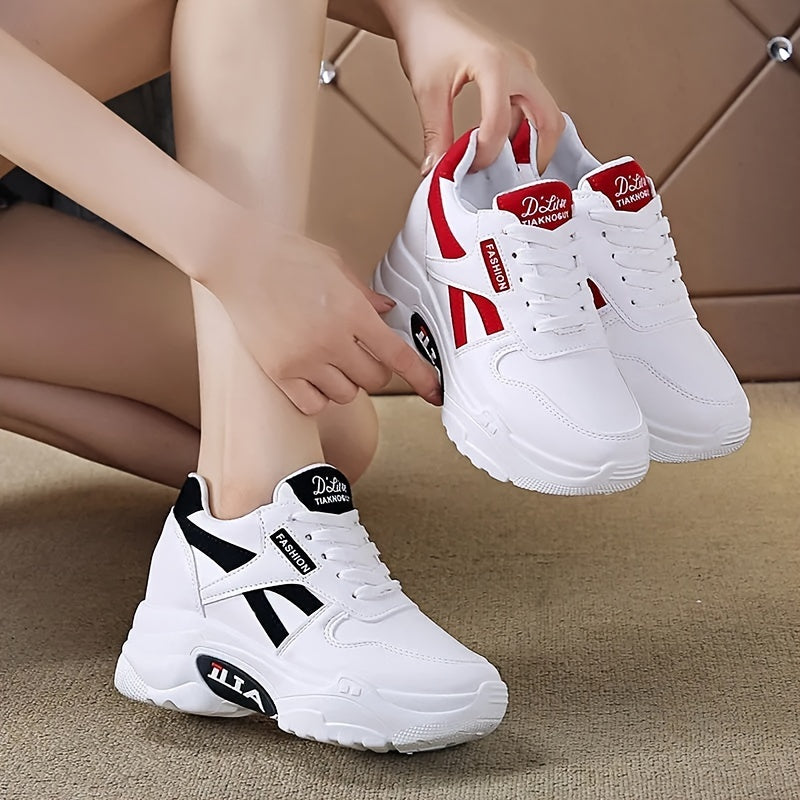 Women's Casual Sneakers White Red Accents Thick 8cm Sole Lace-Up Chunky Rubber