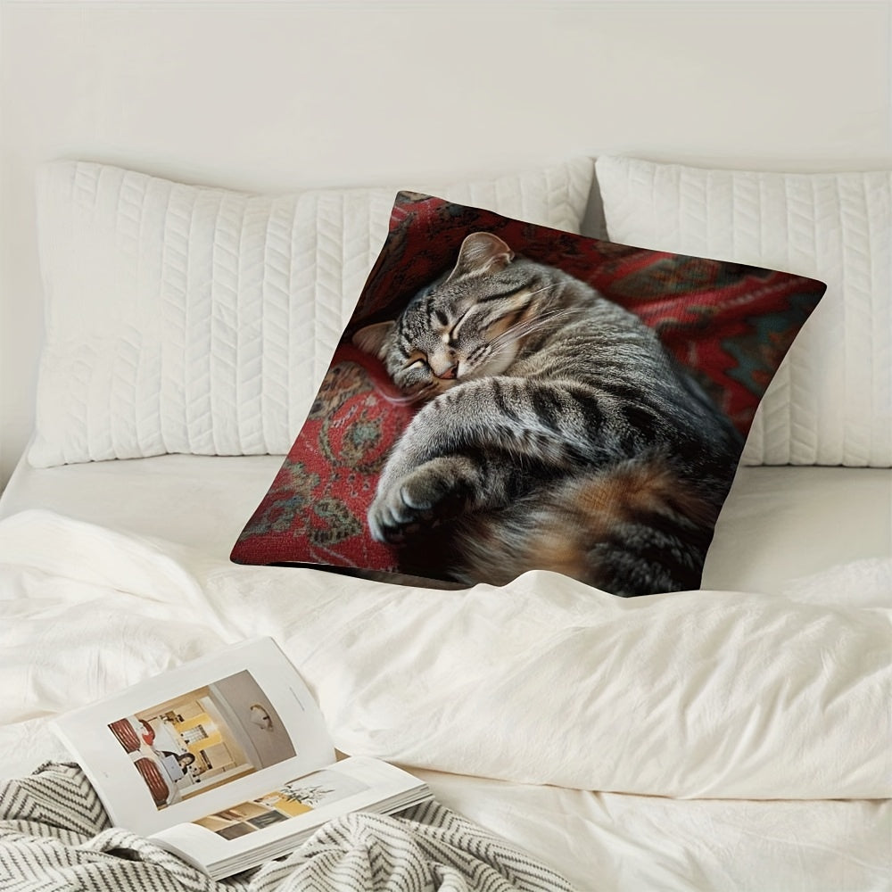 Gray Polyester Pillow Cover with Cat Design Zipper Closure Double-Sided Pattern for Holiday Decor