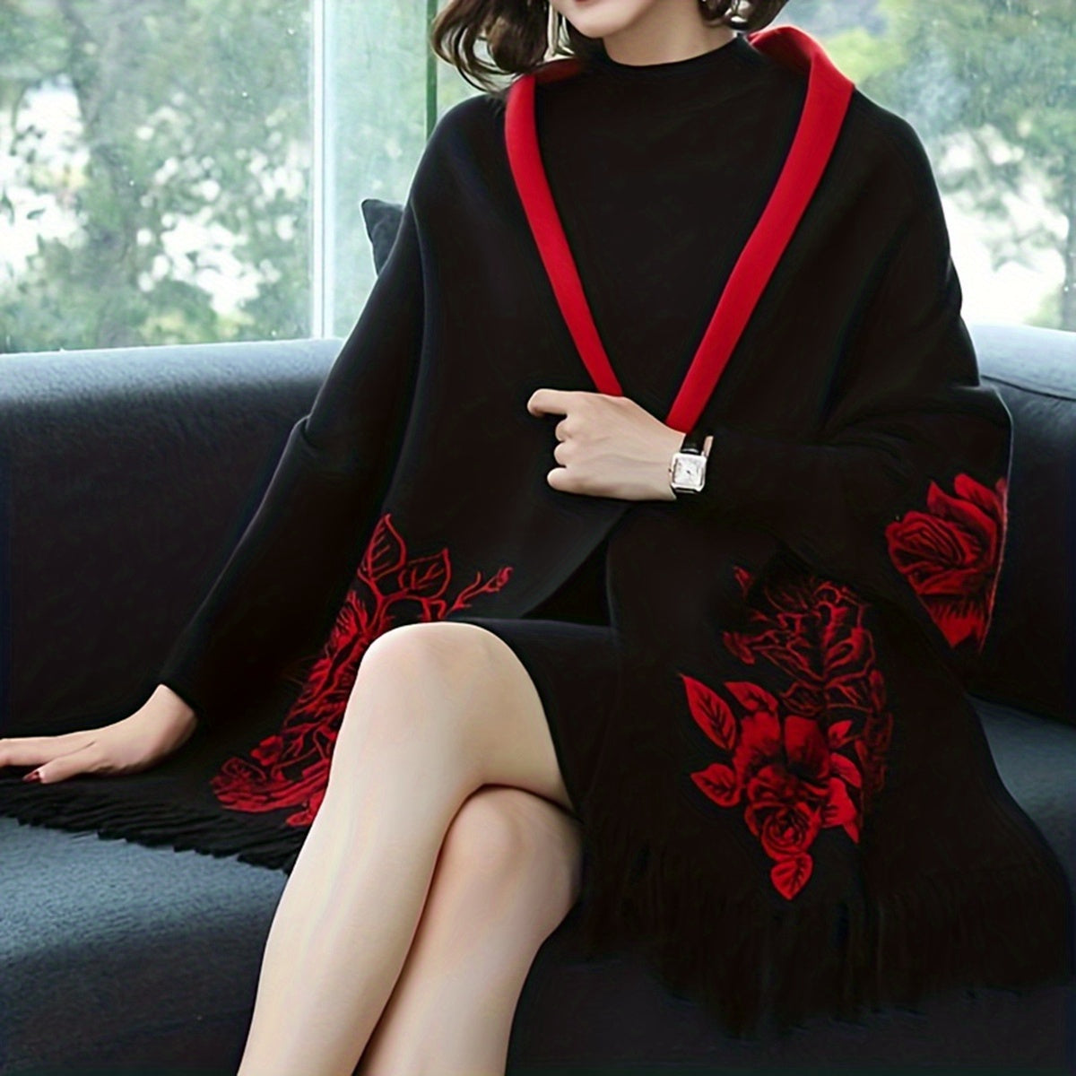 Women's Reversible Jacquard Warm Cape Shawl with Brooch Stylish Wrap