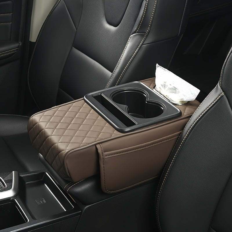 Faux Leather Car Armrest Storage Box Universal Fit All-Season Organizer for Water Cups Phones Tissues