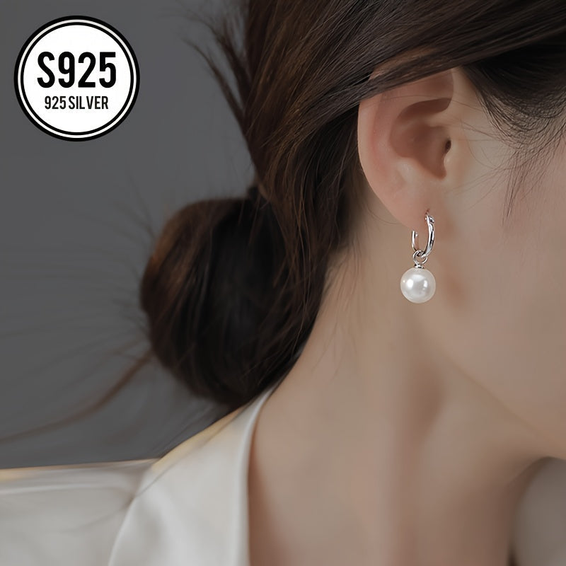 Sterling Silver Pearl Hoop Earrings Hypoallergenic White Gold Plated Oval Shape for Special Occasions