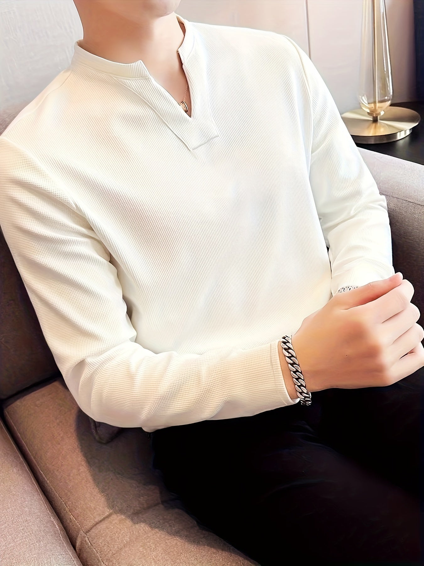 Men's V-Neck Long Sleeve T-Shirt Polyester Blend Solid Breathable Casual Spring Fall