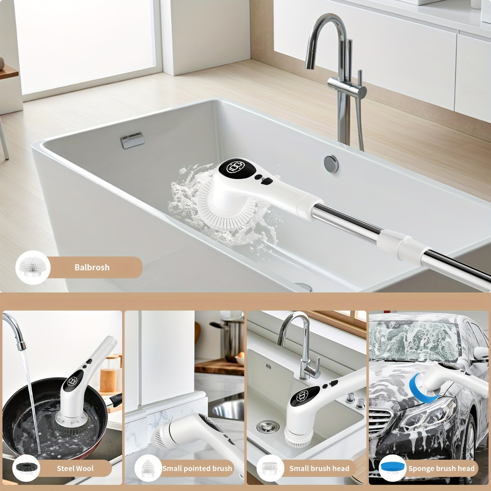 Electric Cleaning Brush with Long Handle 10-in-1 Accessories Adjustable Speed Voice Function