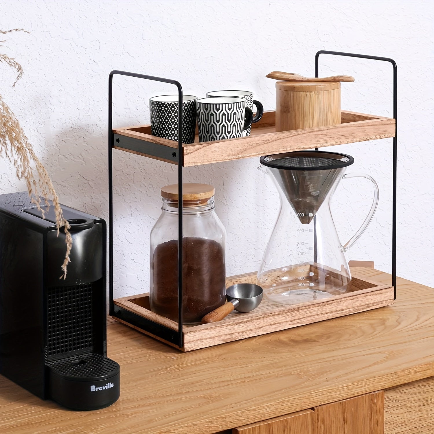 2/3-Tier Solid Wood and Metal Display Rack for Kitchen Bathroom Countertop Organizer