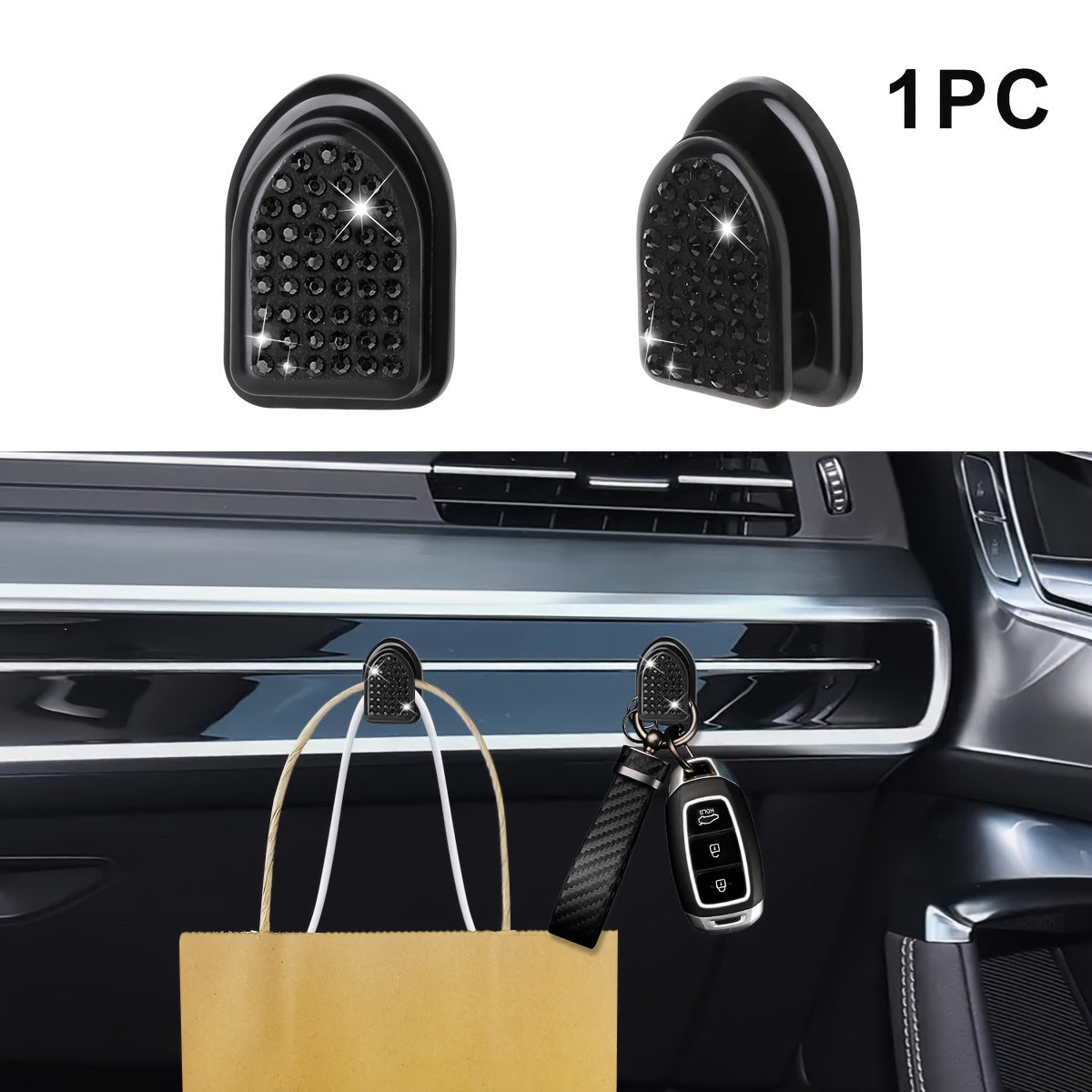 Car Interior Diamond-Embellished Hook Self-Adhesive Wall Mount Organizer