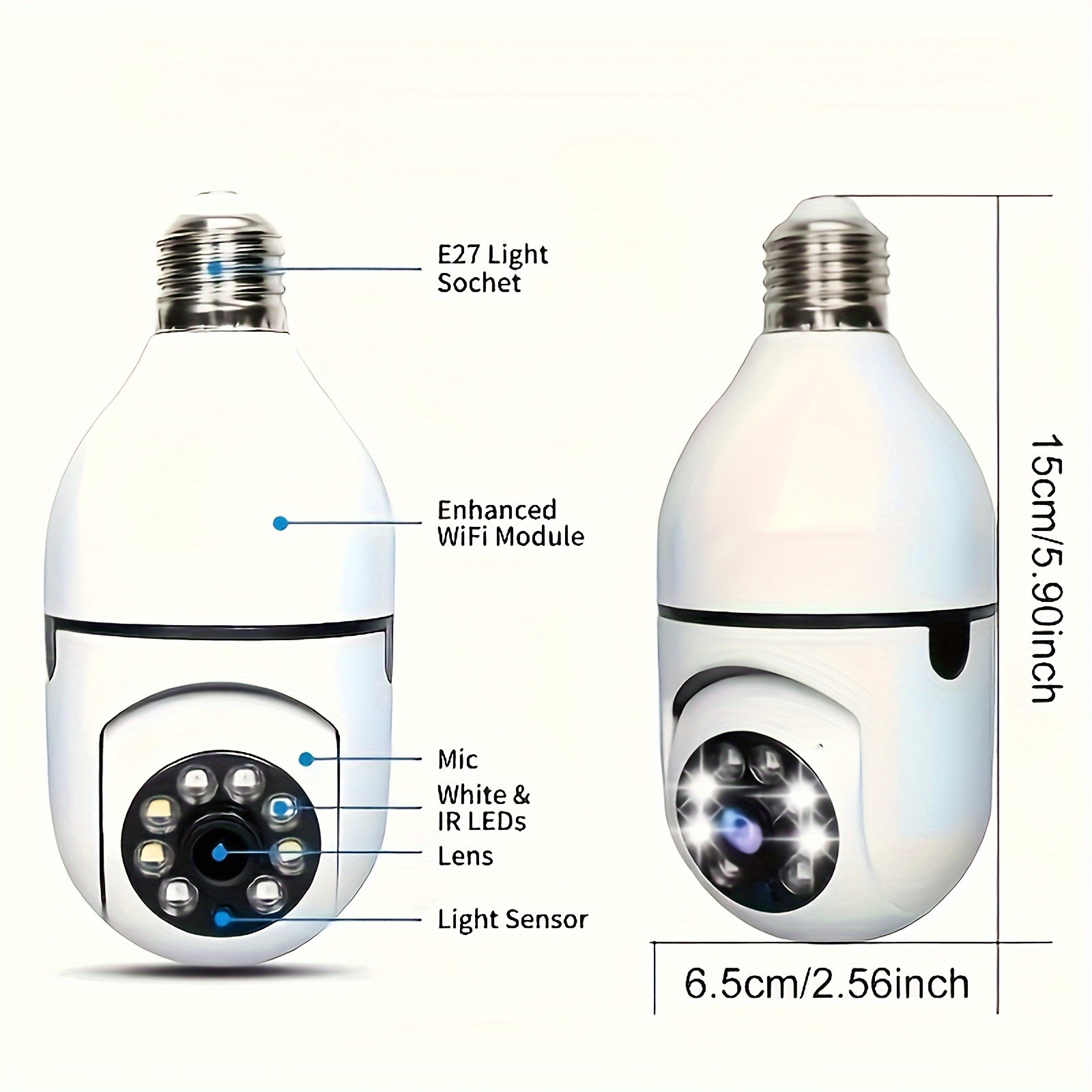 Wireless WiFi Light Bulb Camera 360° Pan-Tilt Night Vision HD 1080P Motion Detection Indoor Security