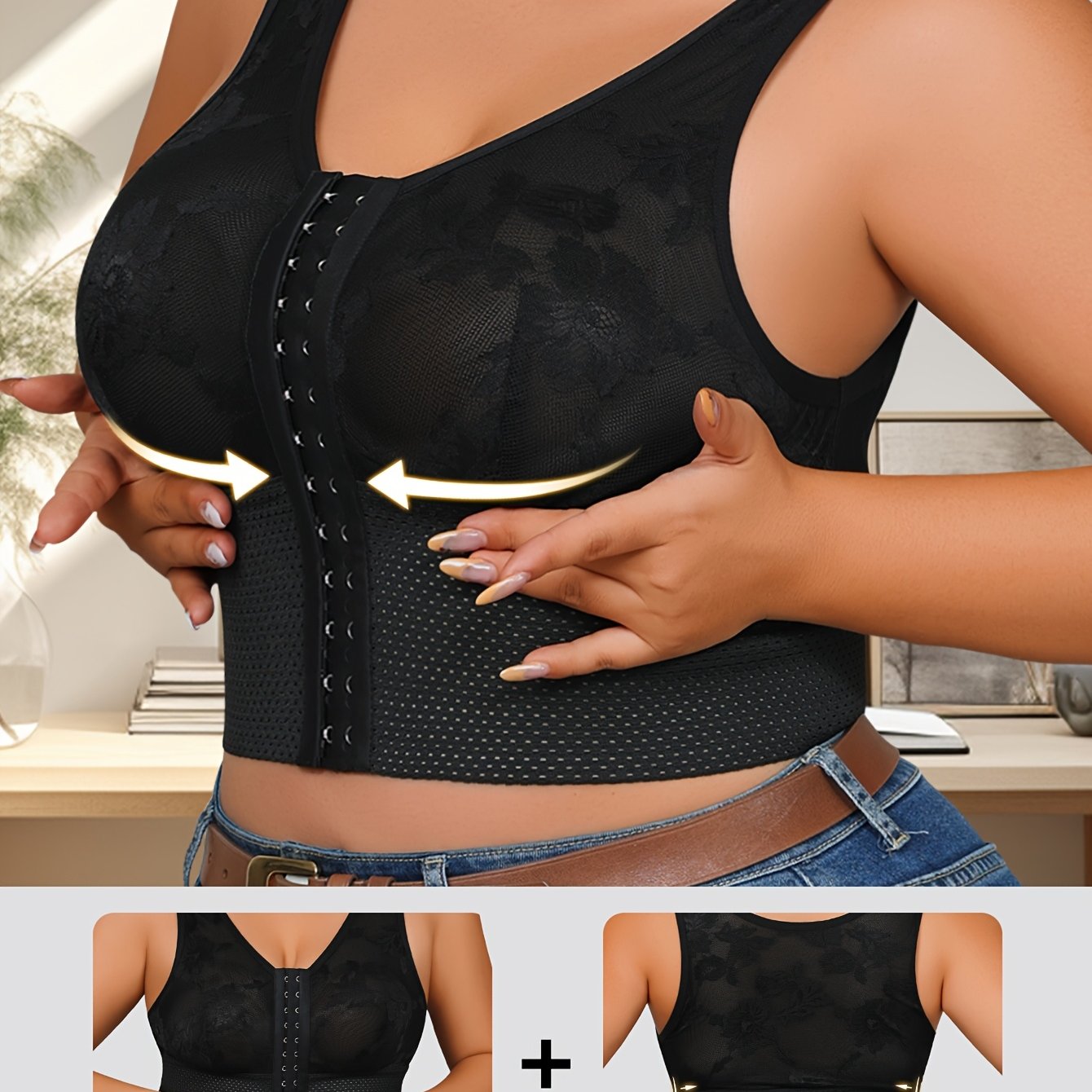 Women's Black Lace-Trimmed Vest with Mesh Panels and Adjustable Straps