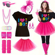 80s Costume Kit for Ladies with Lips Print Tee Tutu Skirt Neon Earrings and Accessories
