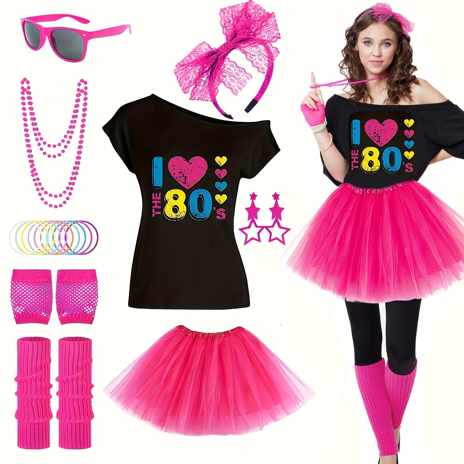 80s Costume Kit for Ladies with Lips Print Tee Tutu Skirt Neon Earrings and Accessories