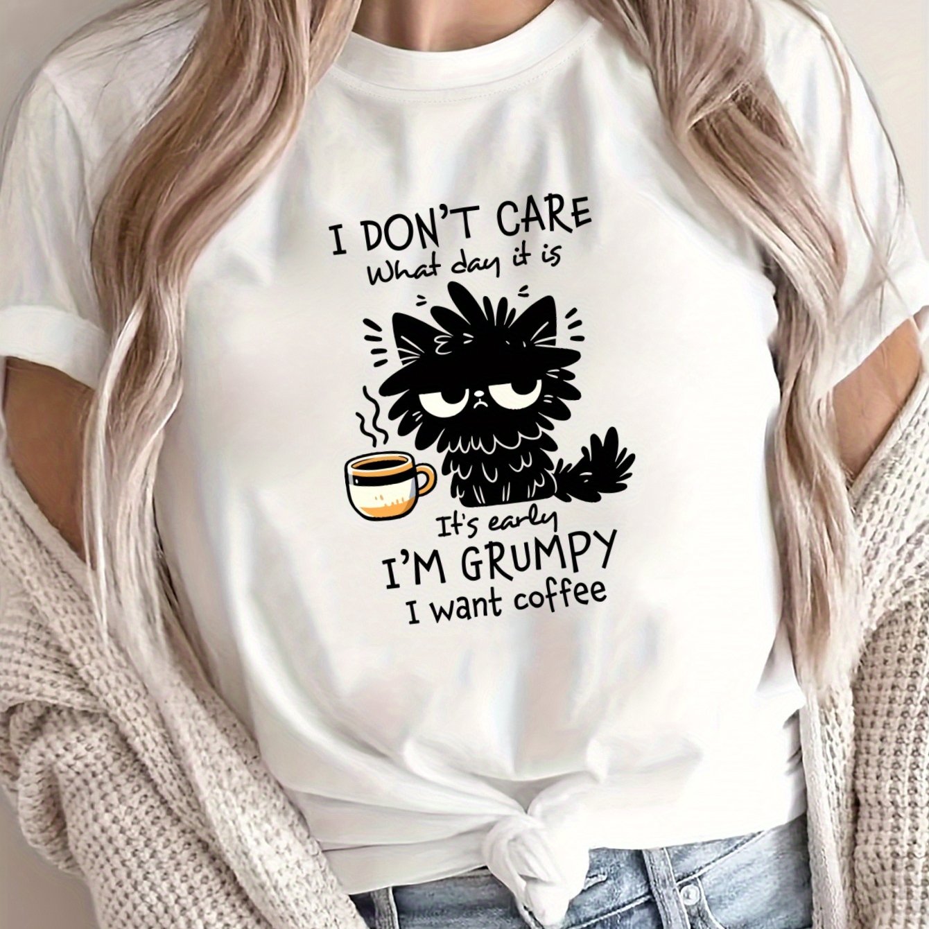 Women's Grumpy Coffee Graphic T-Shirt Soft Polyester Casual Short Sleeve