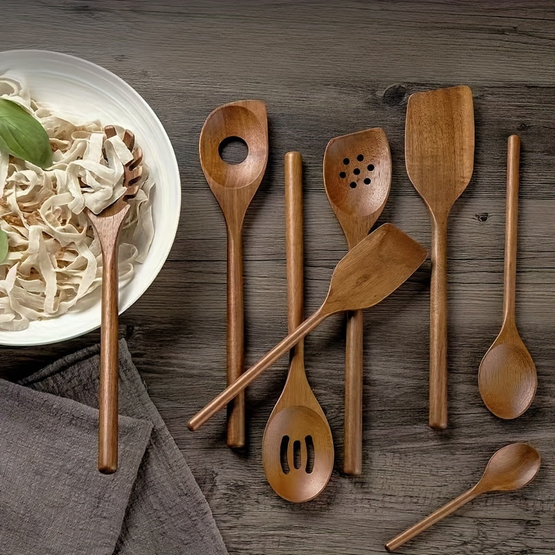 Set of 8 Acacia Wood Kitchen Utensils Non-Stick Heat-Resistant Cooking Tools