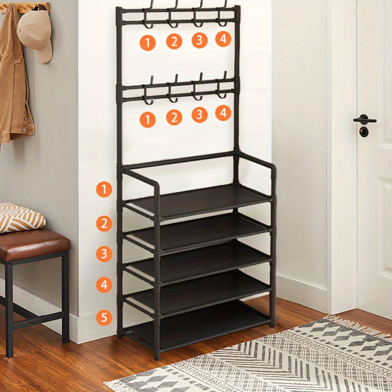 Metal Storage Rack with 8 Hooks and Shelves for Coats Shoes and Entryway Organization