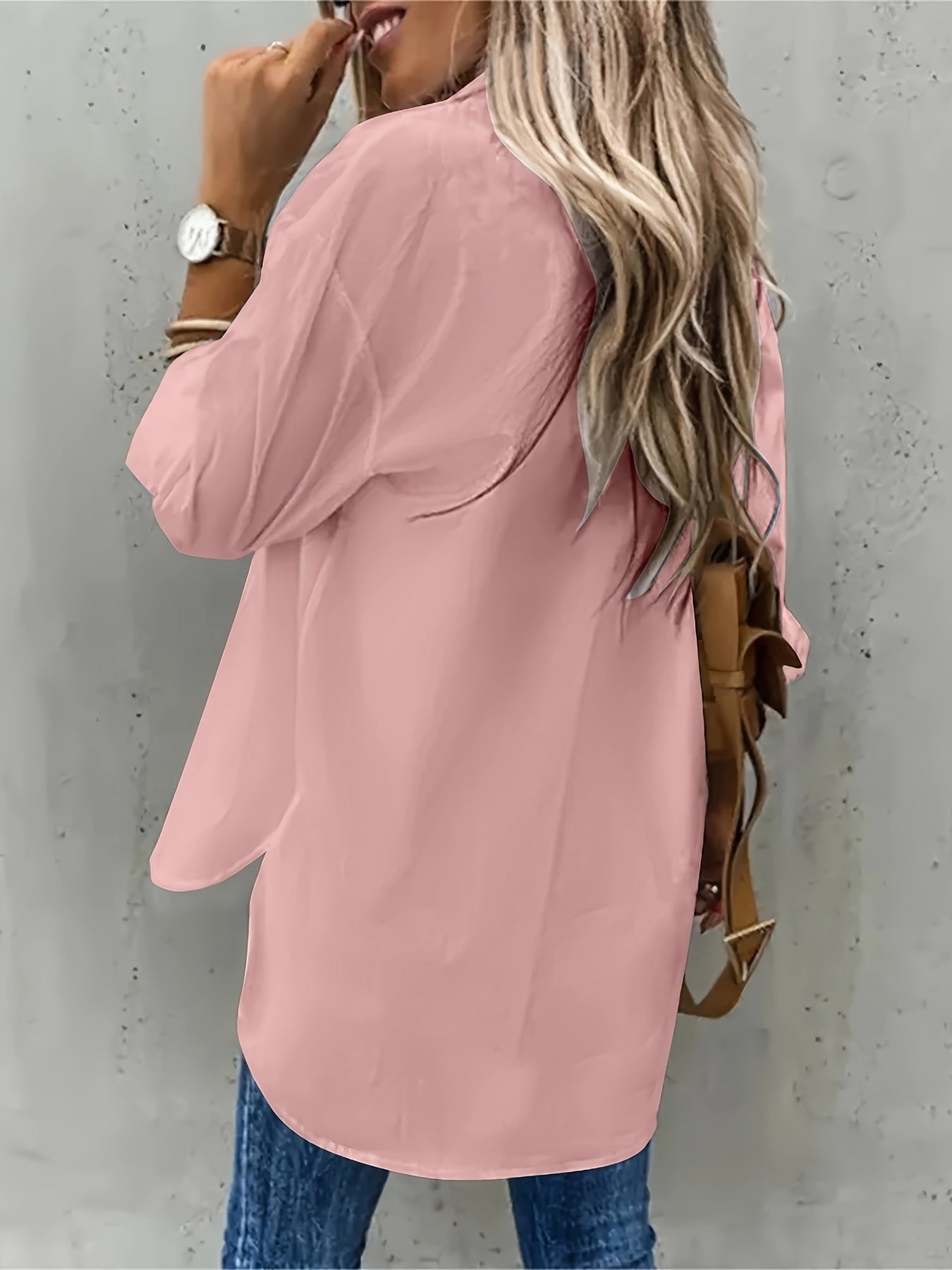 Women's Plus Size Casual Cotton Blend Blouse with Solid Color Long Sleeves and Lapel Collar