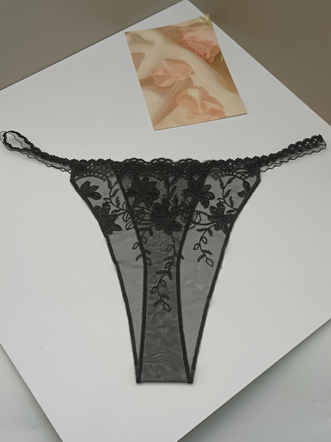 Pink Lace Thong with Floral Embroidery and Red Bow for Women