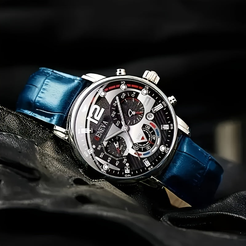 Men's Quartz Business Watch Set Alloy Case Faux Leather Strap Non-Rechargeable Battery