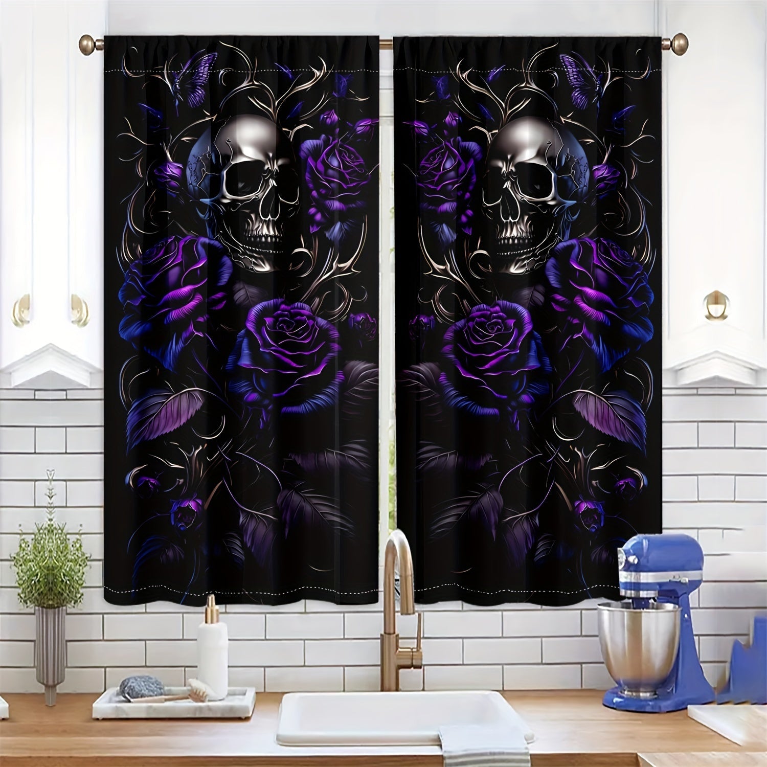 Semi-Transparent Halloween Skull and Butterfly Chrysanthemum Curtains Set of 2 Privacy Drapes for Living Room Bedroom