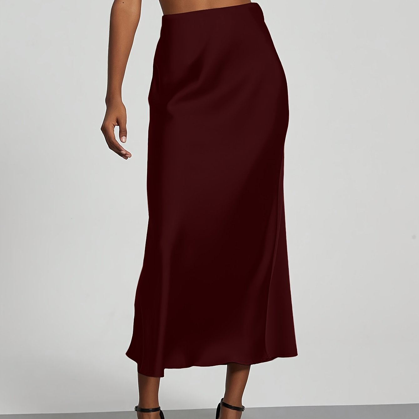 Women's High-Waisted Burgundy Satin Maxi Skirt Spring Summer Fall Elegant Machine Washable