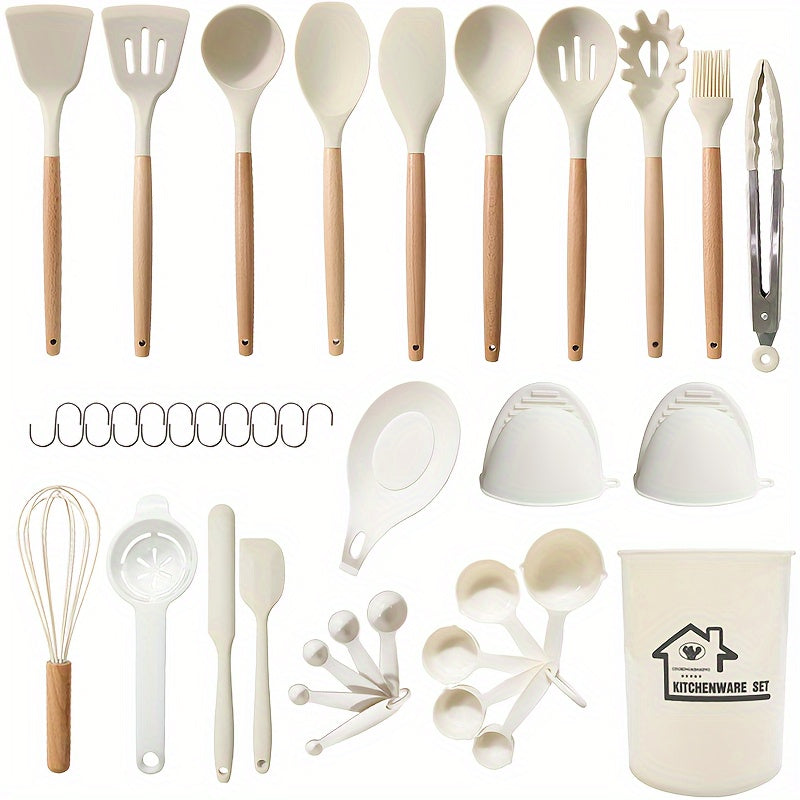 38-Piece Silicone Utensil Set with Wooden Handles Non-Stick Kitchen Gadgets