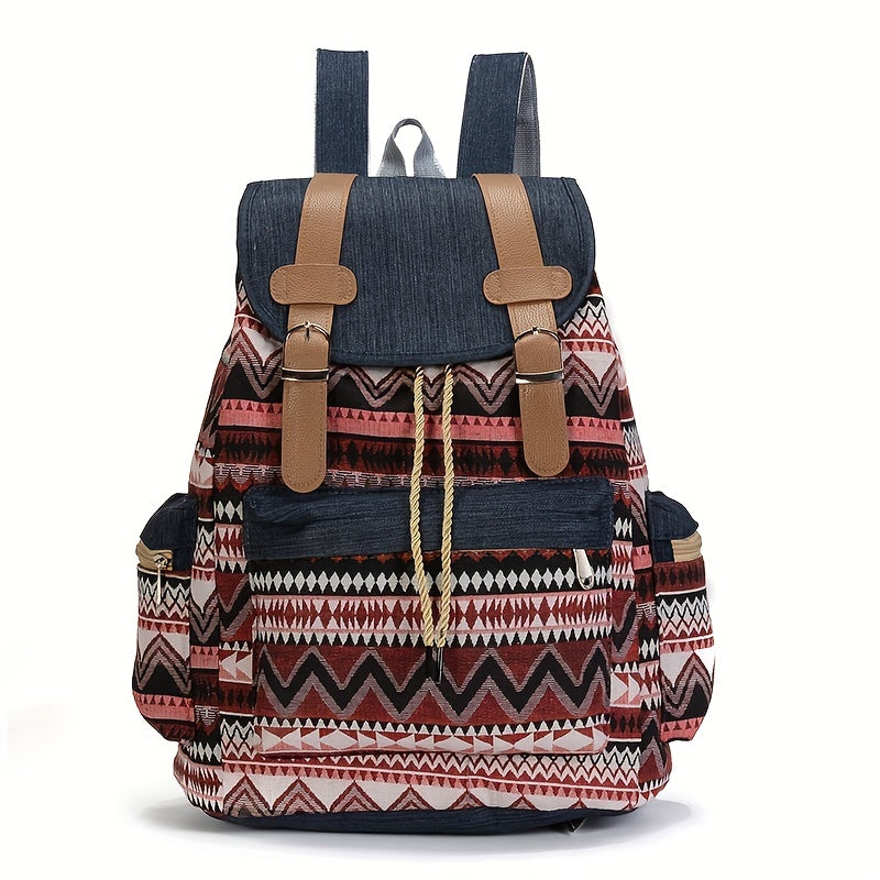 Women's Denim Backpack with Geometric Tribal Pattern Adjustable Straps Large Capacity Blue Brown