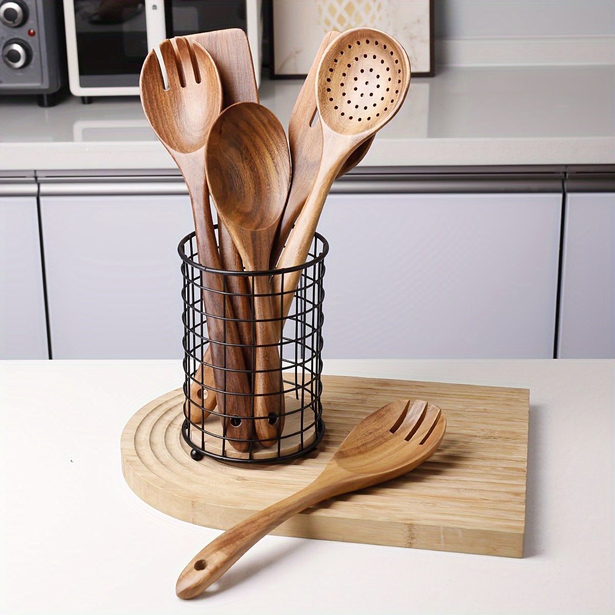 Элегантный металлический держатель для кухонных принадлежностей с деревянной основой - организуйте палочки для еды, вилки и ложки - корзина для хранения на столешнице с дренажом для чистой и аккуратной кухни