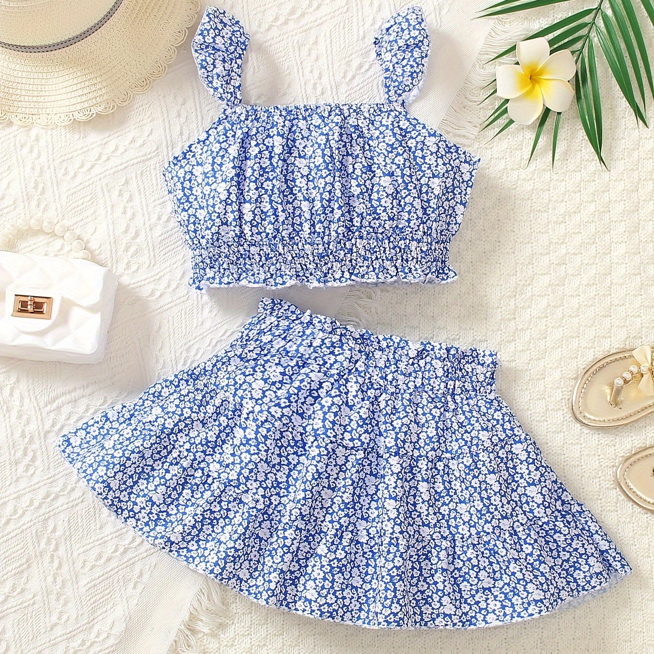 Floral Girls 2PCS, Yozgi Tashqi Ta'til uchun Crop Top + Yubka To'plami