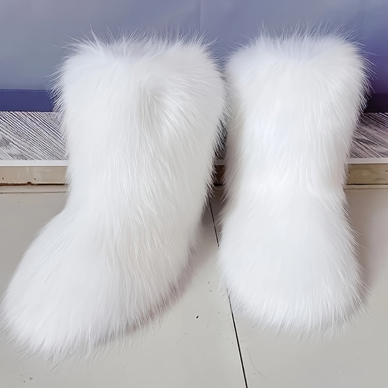 Women's Faux Fur Winter Boots Slip-On Snow Boots White Cozy Warm
