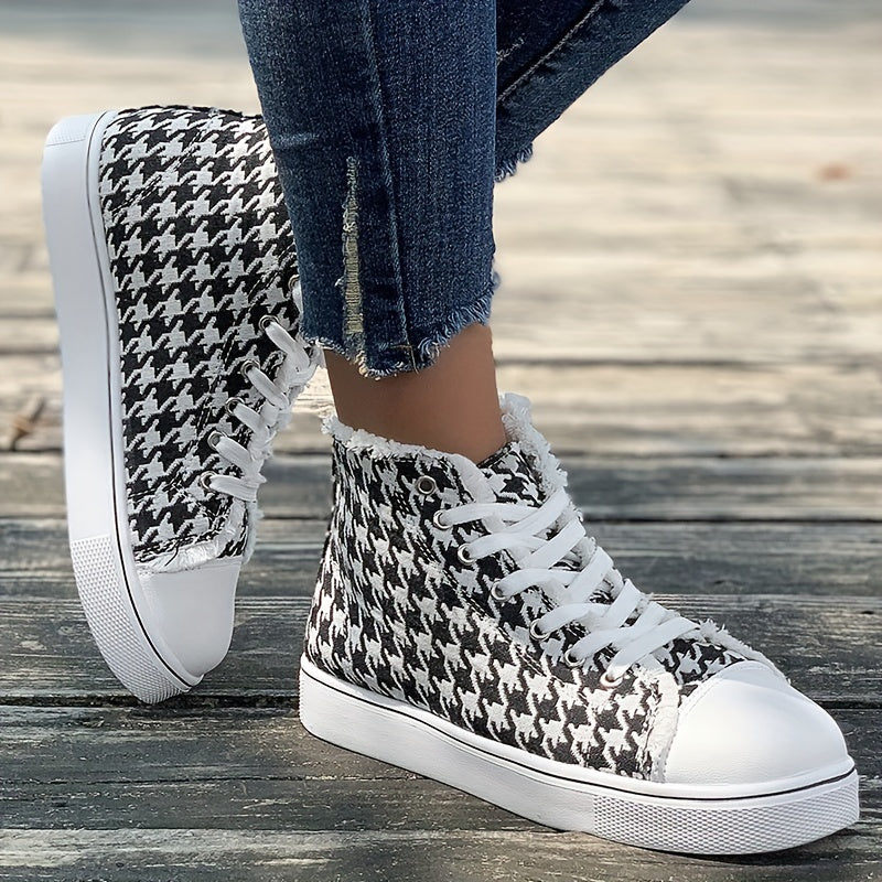 Women's Houndstooth Pattern High-Top Sneakers Black and White Fabric
