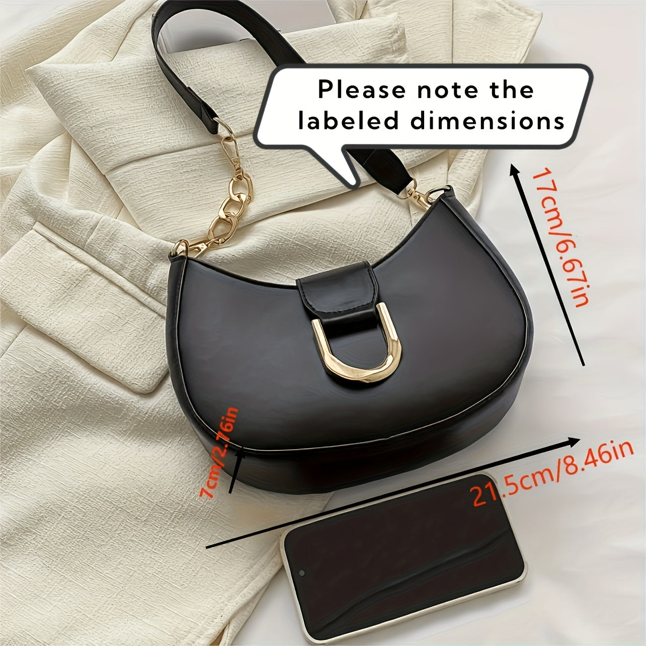 Women's Crescent Shoulder Bag with Gold Hardware Solid Color PU Crossbody Bag