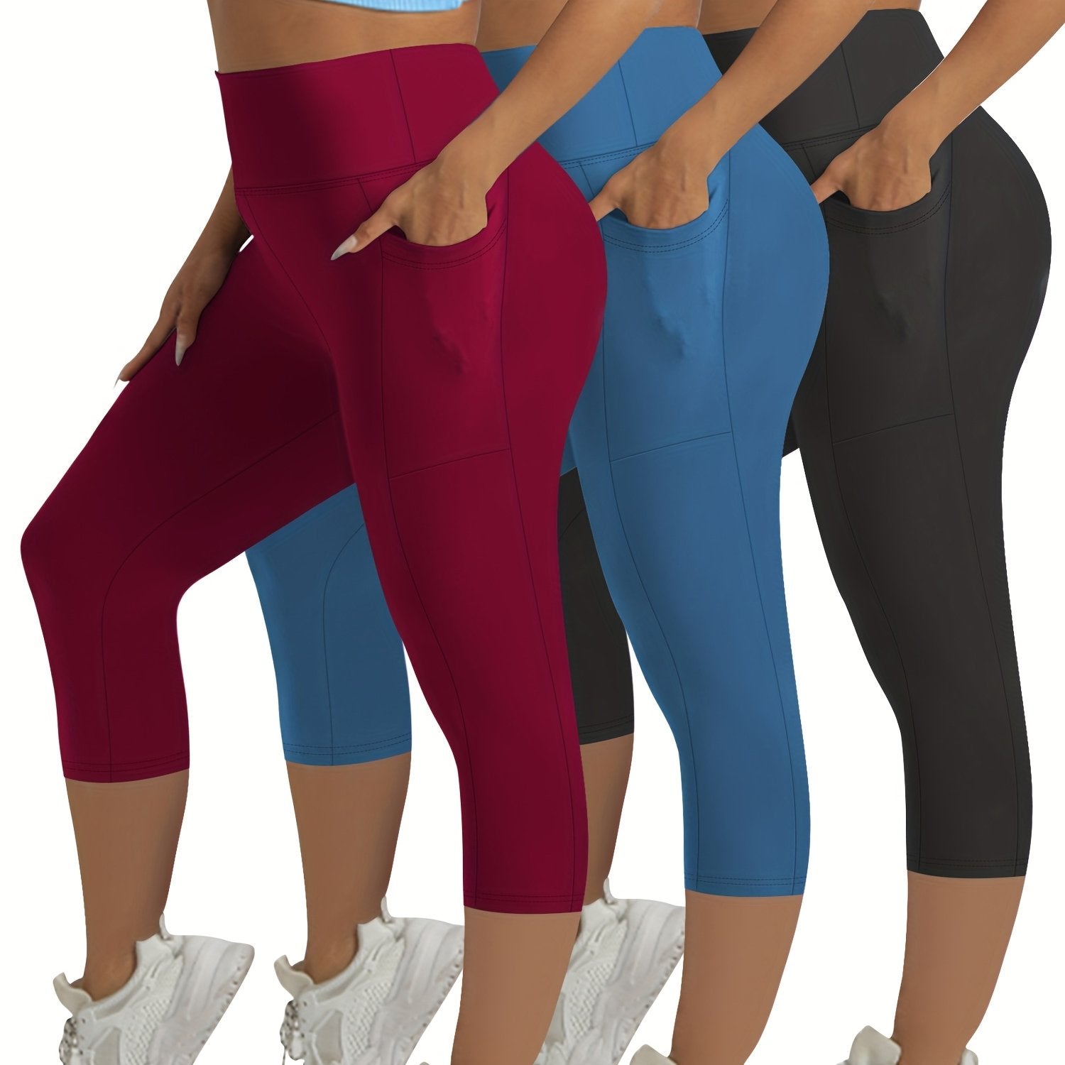 Plus Size Women's High-Waisted Tummy Control Capri Leggings 3-Pack