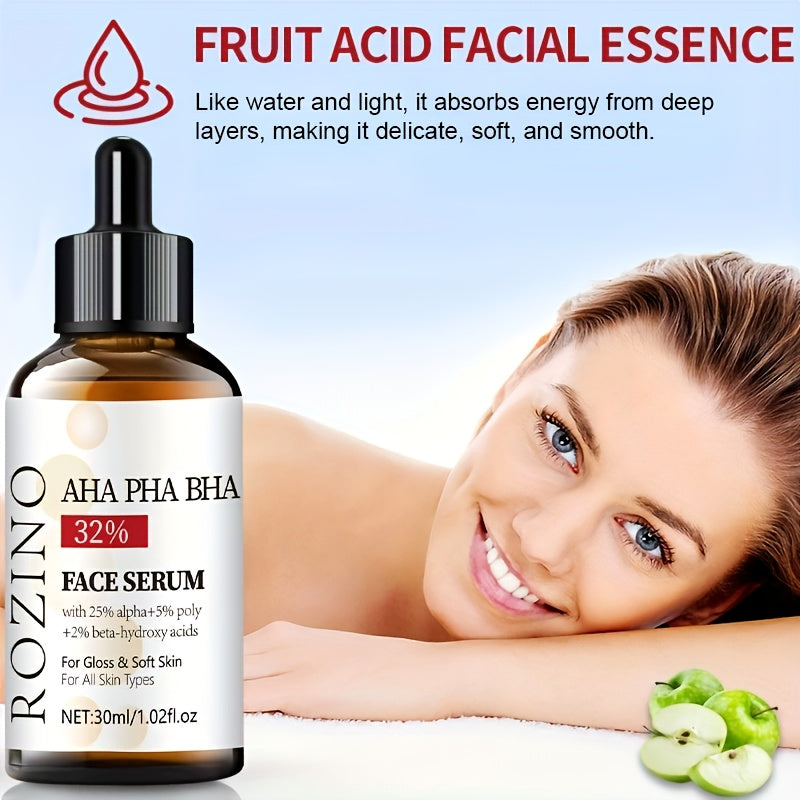 ROZINO 30ml Yuz Serumi AHA 32% + BHA 3% - Chuqur namlanish, chiziqlar va teshiklarni silliqlaydi, hid qo'shilmagan, gippoallergen. Barcha teri turlari, shu jumladan sezgir teri uchun mos.