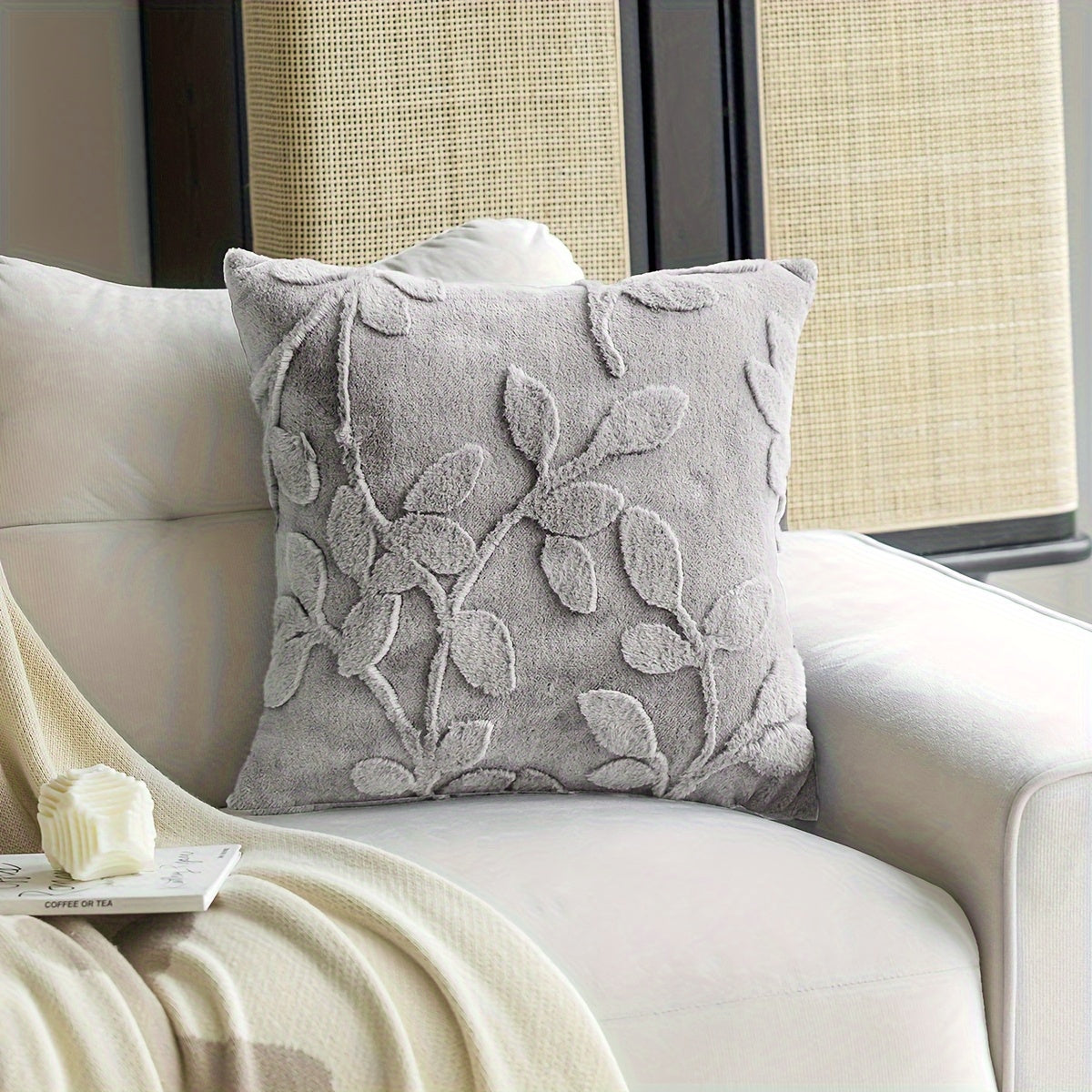Faux Rabbit Fur Throw Pillow Cover with Branch Pattern Zippered Hand Washable