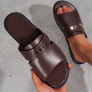 Men's All-Season Casual Faux Leather Slide Sandals with Buckle Closure and TPR Sole