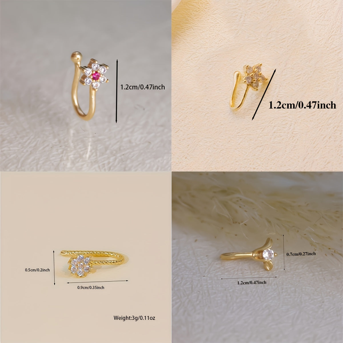 Set of 4 Women's Adjustable Brass Nose Clips with Vintage Snowflake Cherry Blossom Tulip Designs