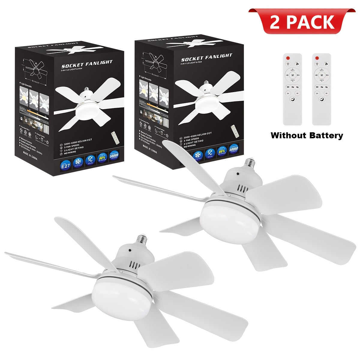Two-Pack Smart Ceiling Fan with Remote Control LED Light Adjustable Speed for Indoor Use