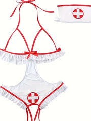 Plus Size Nurse Costume Open Bust Ruffle Trim Sheer Crotchless Lingerie