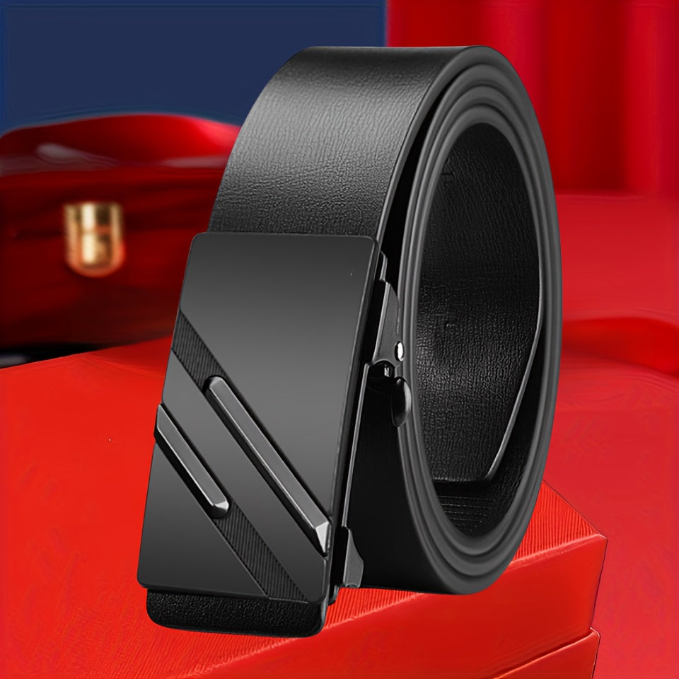 Cinturón casual de negocios para hombre con hebilla automática, patrón de lichi de doble barra, ajustable en PU