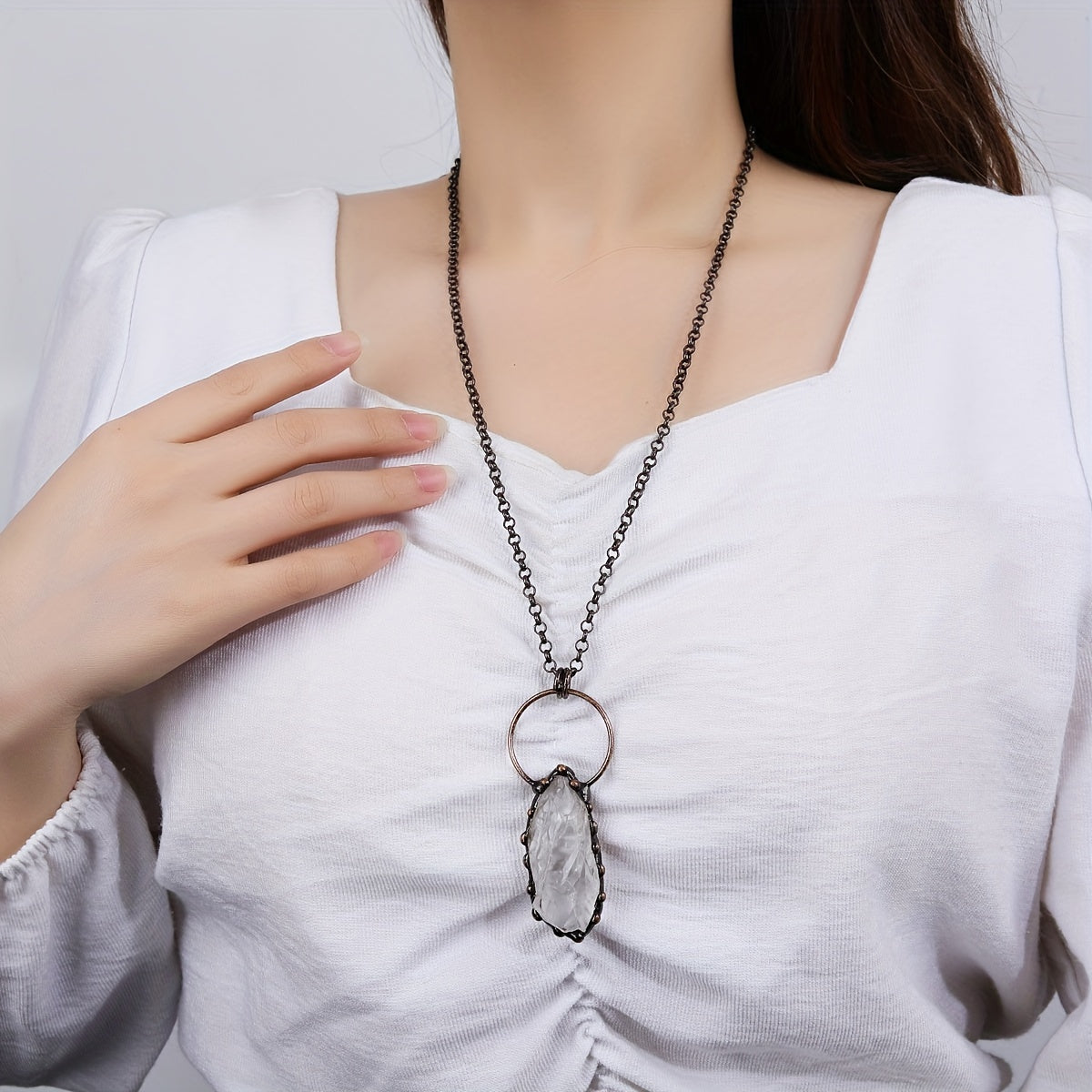 Natural Stone Pendant Necklace for Women Vintage Copper Jewelry Gift