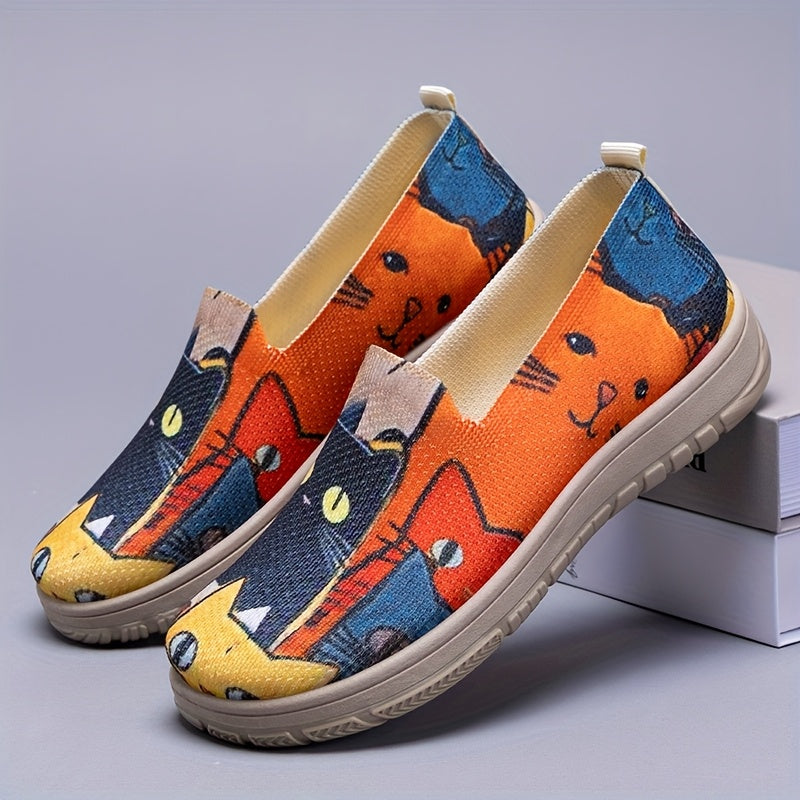 Women's Casual Cloth Flat Shoes with Kitten Pattern Slip-On Comfortable Flats