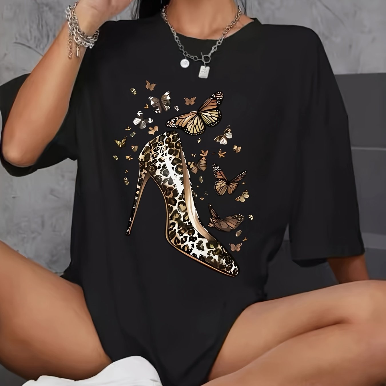 Plus Size Women's Short Sleeve T-Shirt Geometric High Heel Butterfly Print Crew Neck Asymmetrical Polyester Knit