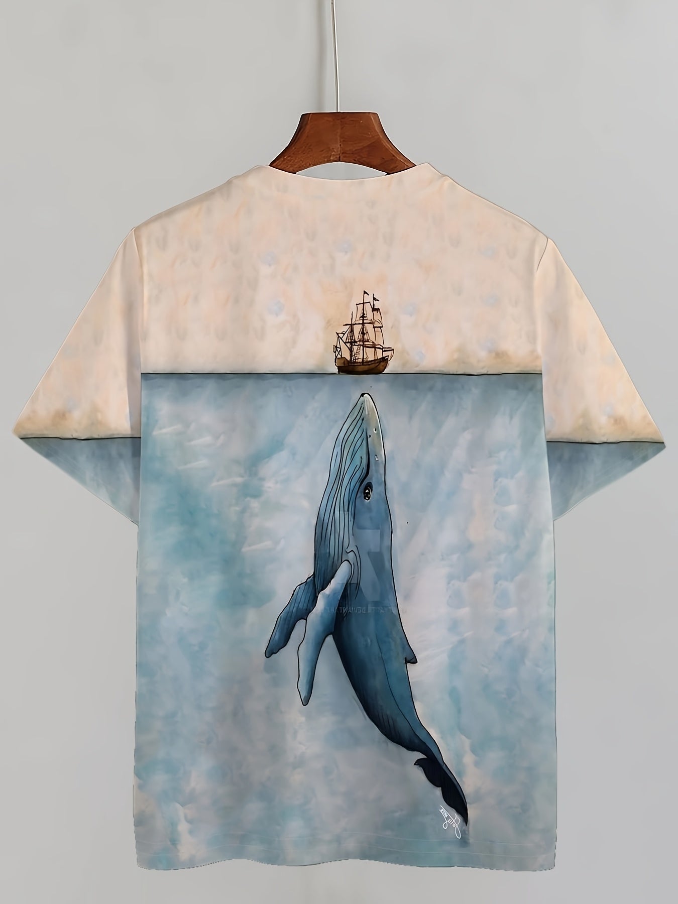 Camiseta de manga larga de poliéster para hombre de todas las estaciones con estampado de ballena geométrica y barco