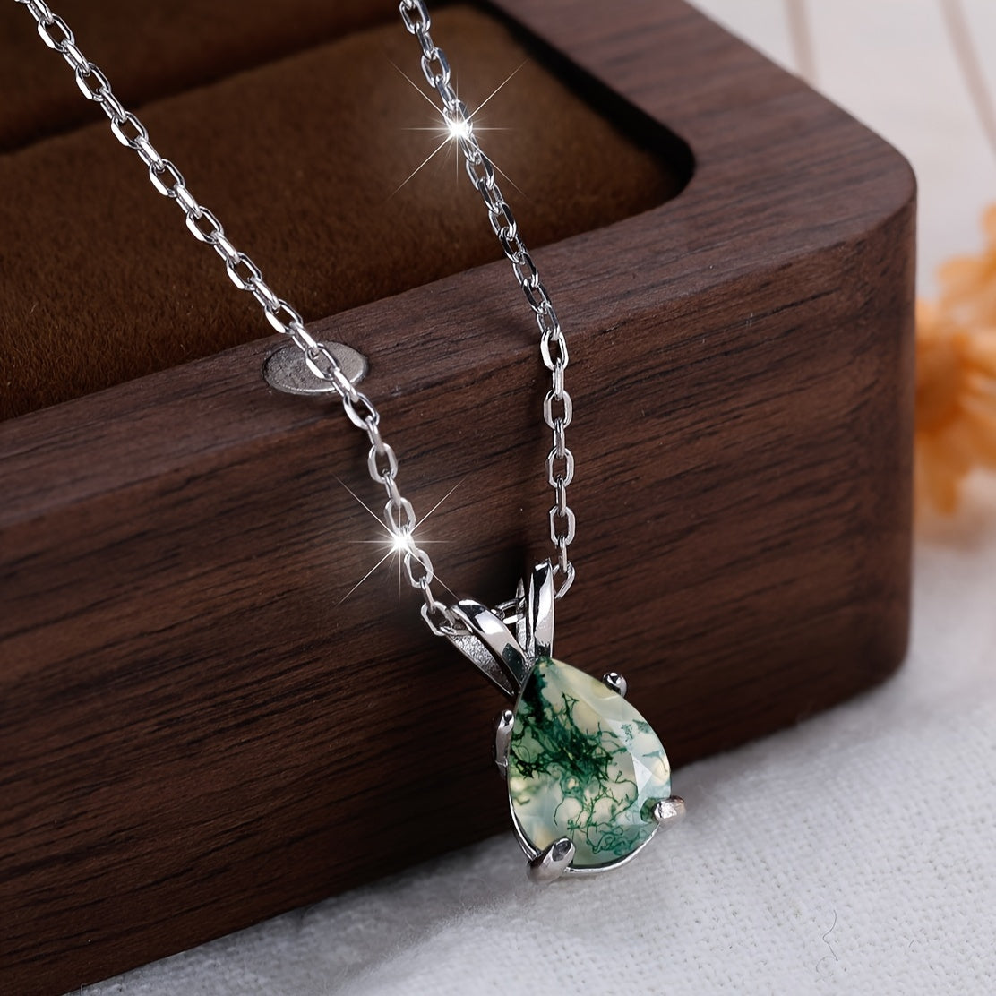 Green Moss Agate Pendant Necklace Sterling Silver Adjustable Chain