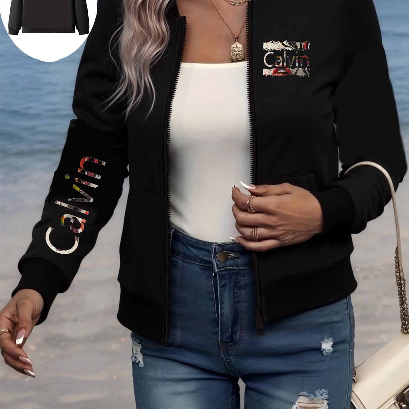 Women's Plus Size Bomber Jacket Black Casual Long Sleeve Streetwear