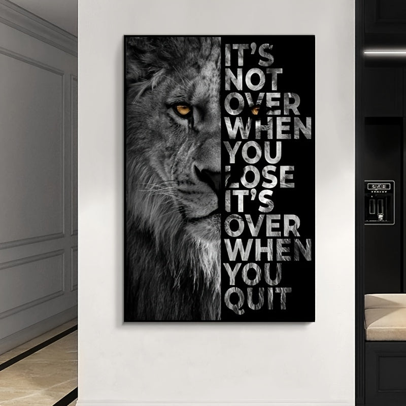 "Uy yoki ofis dekoratsiyasi uchun lion motivatsion plakat kanvas bosma, o'lchami 39.88*59.94 sm, ramkasiz."