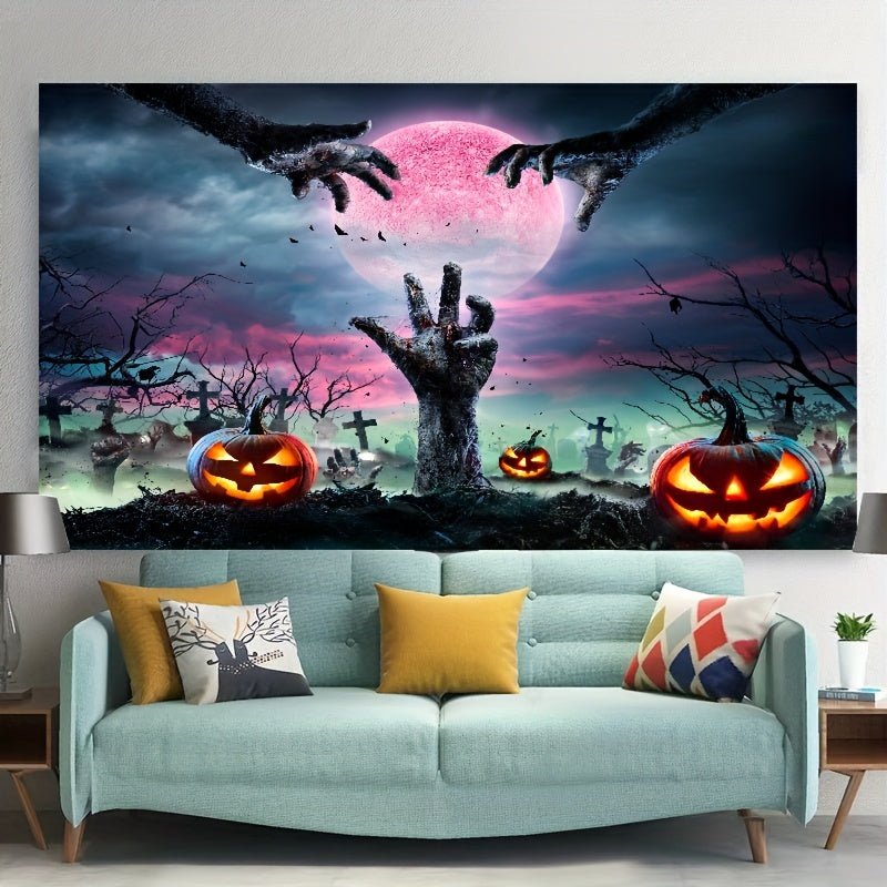Qo'rqinchli Halloween Tapestry - Qabr qo'llari, o'yilgan qovoqlar va dahshatli sehrli fon bilan - Halloween uy bezaklari uchun mukammal