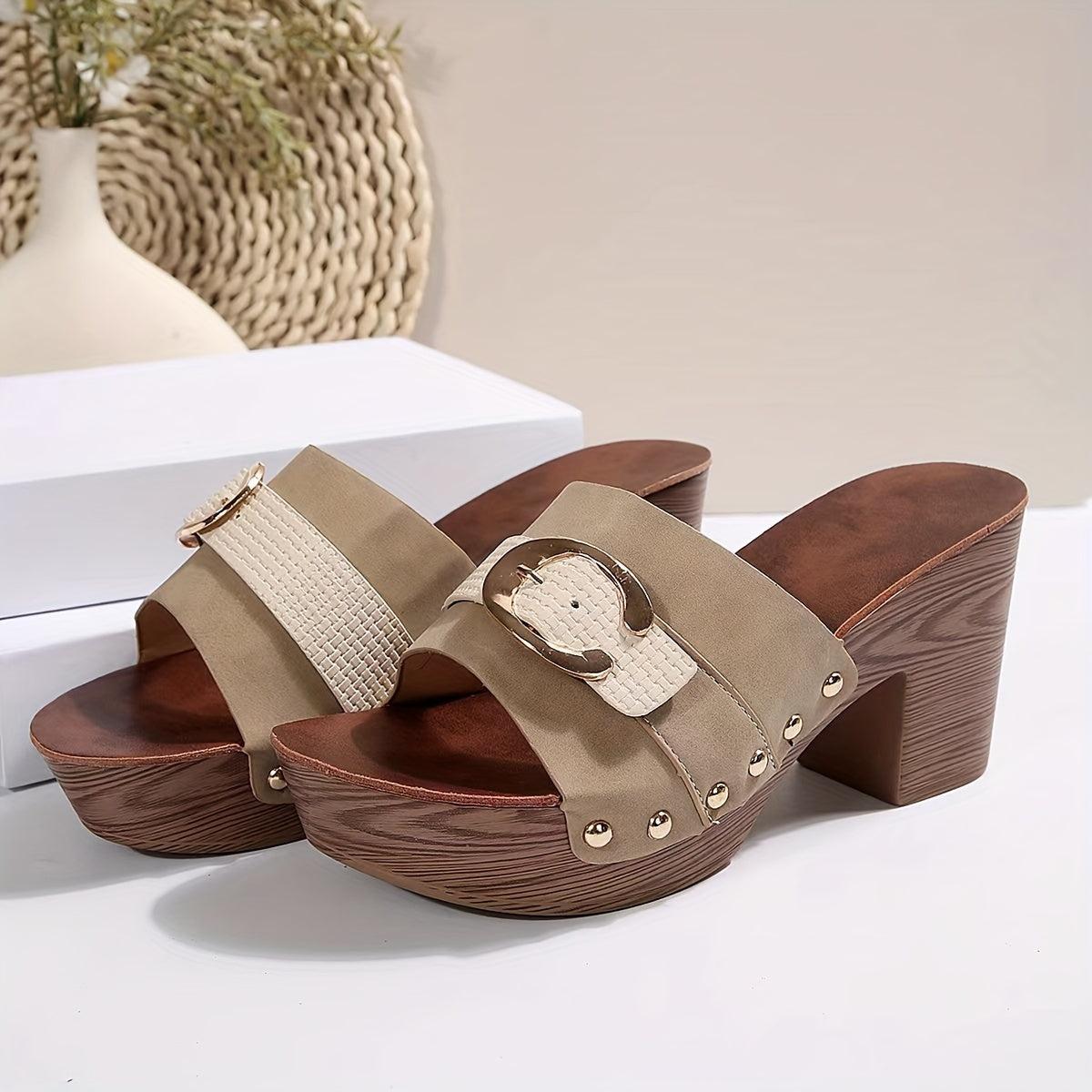 Women's Slide Sandals Open Toe Rivet Block Heel Summer Fashion