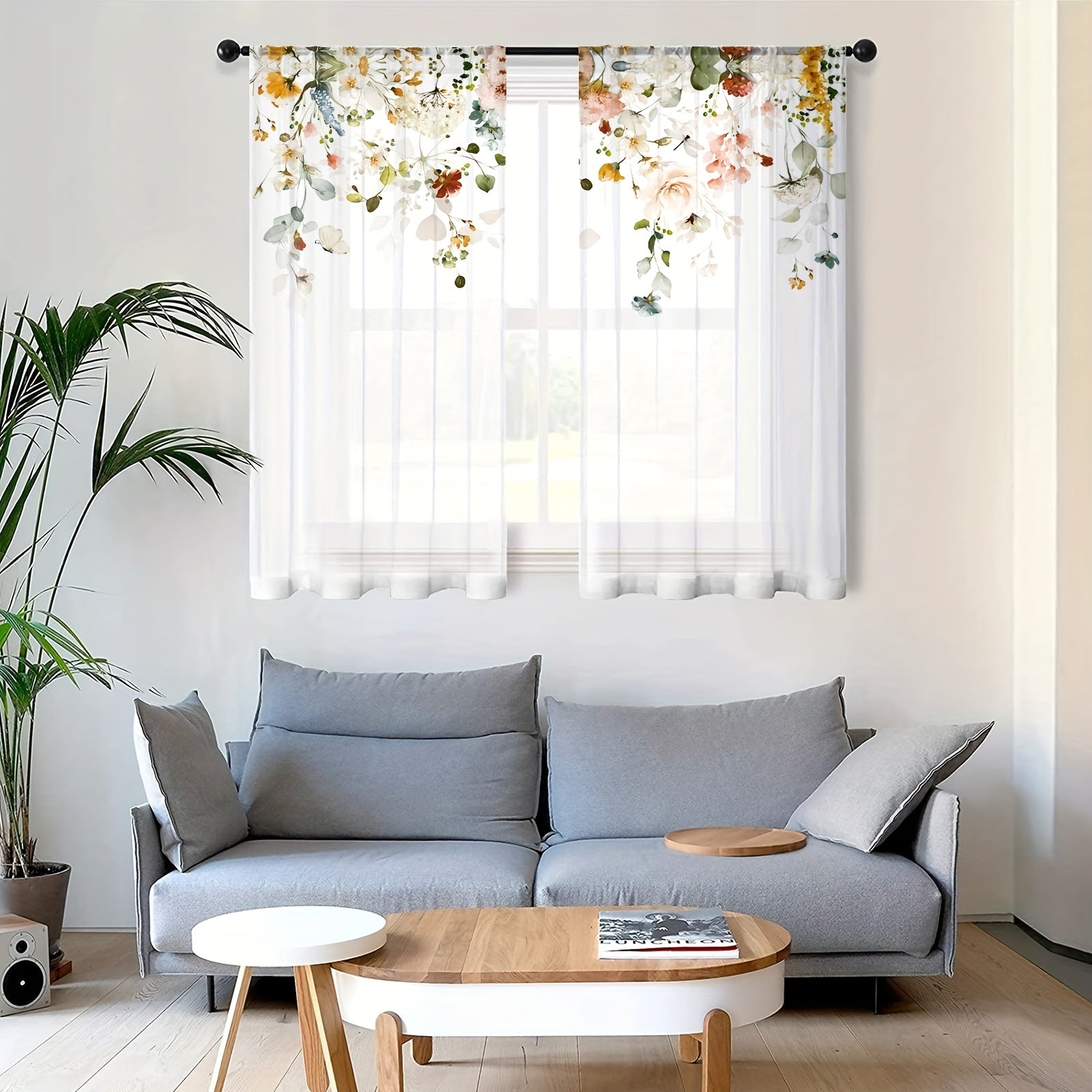 Set of 2 Semi-Sheer Rustic Plant Flower Curtains for Kitchen Bedroom Bathroom with Rod Pocket