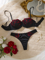 Women's Black Flower Embroidery Lingerie Set with Push-Up Bra and Low-Waist Panties