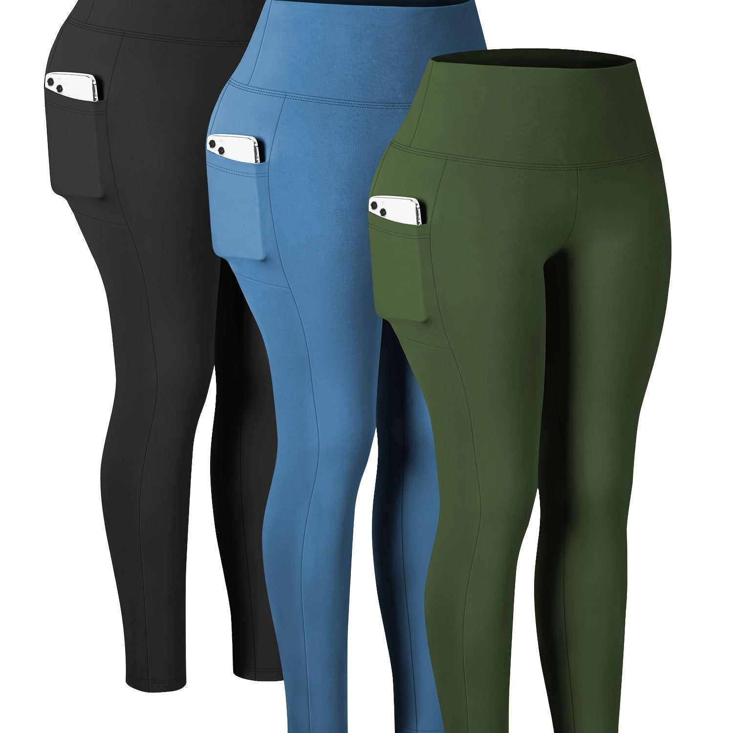 Plus Size Womens Leggings with Pockets High Waisted Tummy Control Black Yoga Pants 3 Pack